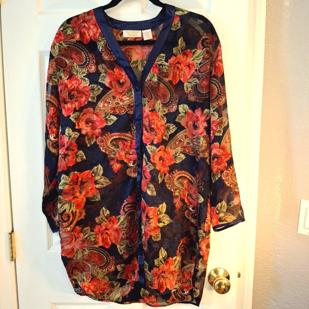 Vintage Victoria's Secret Gold Label Sz P/S Floral Satin Chemise Semi Sheer Rose